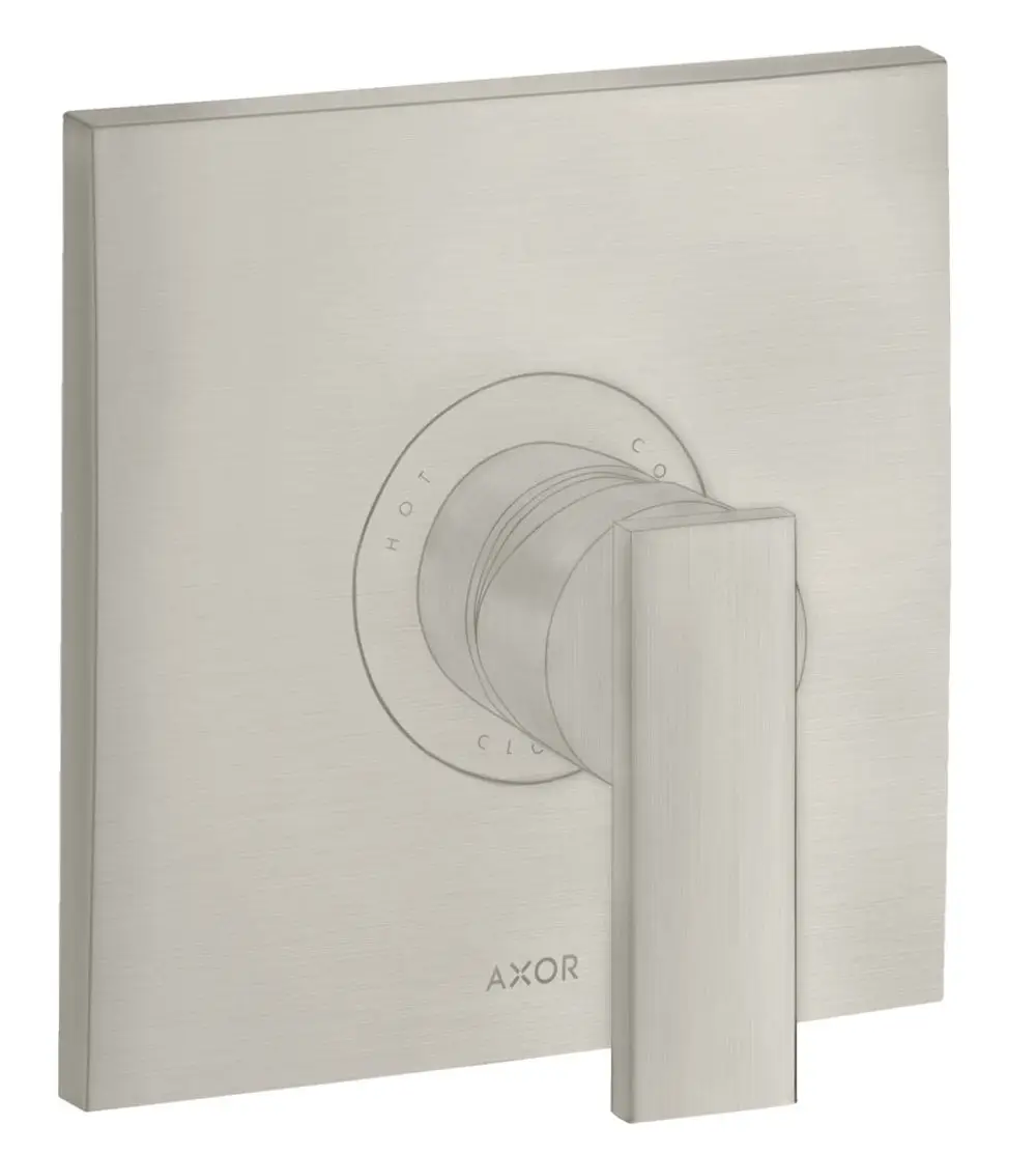 Edelstahl-Rundhebel mit quadratischer Wandplatte von AXOR. Temperatur- und Wasserflussregler an der Vorderseite. Funktionales Design für Badezimmeranwendungen.